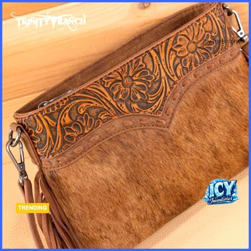 Genuine Hair-On Cowhide Western Crossbody Purse with Floral Embossed Design